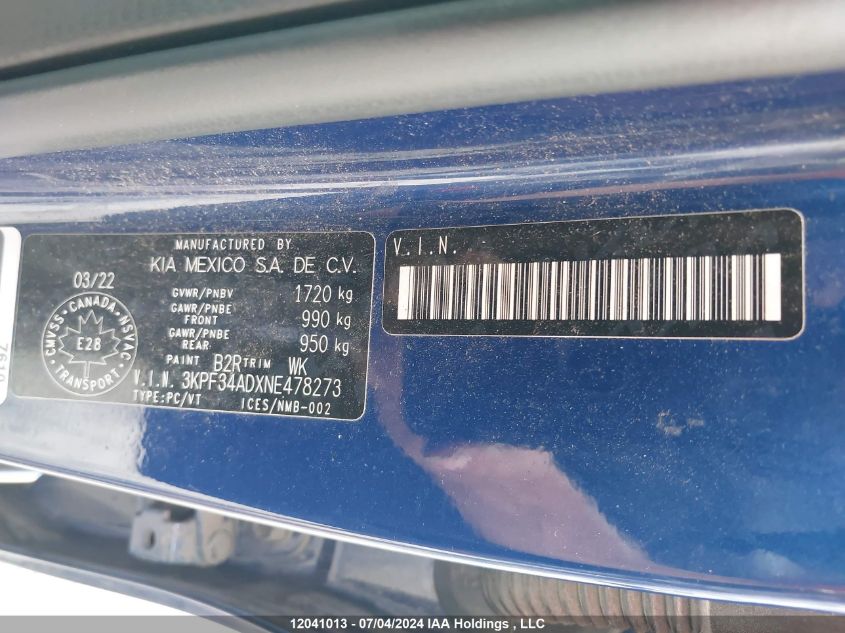 2022 Kia Forte VIN: 3KPF34ADXNE478273 Lot: 12041013