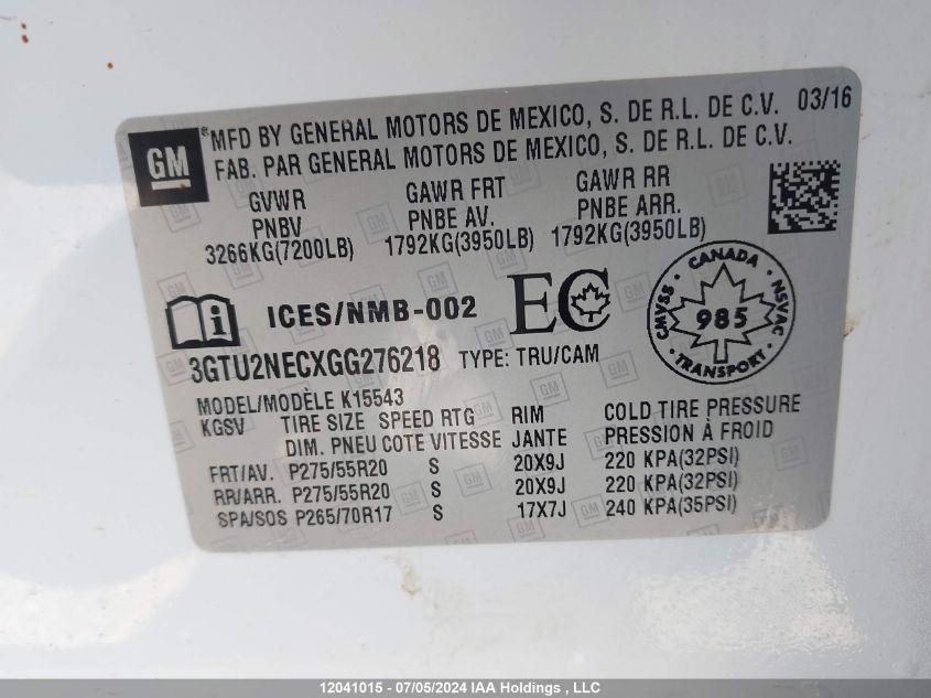 2016 GMC Sierra 1500 VIN: 3GTU2NECXGG276218 Lot: 12041015