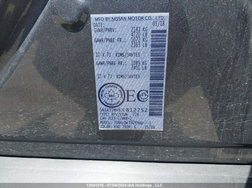 2018 Nissan Rogue Sv/Sl VIN: 5N1AT2MV6JC812752 Lot: 12041016