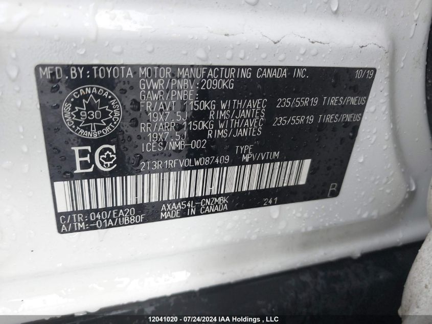 2020 Toyota Rav4 VIN: 2T3R1RFV0LW087409 Lot: 12041020