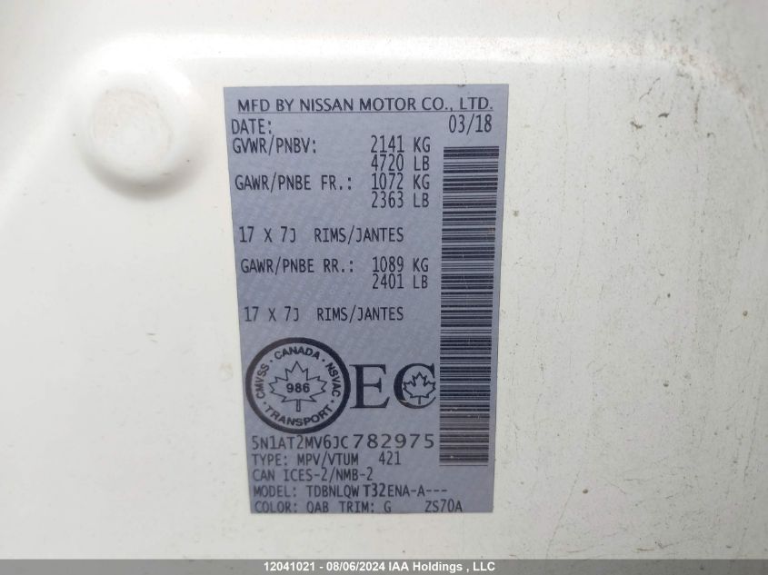 2018 Nissan Rogue VIN: 5N1AT2MV6JC782975 Lot: 12041021