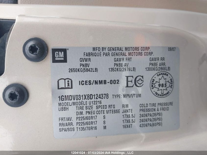2008 Pontiac Montana Sv6 VIN: 1GMDV031X8D124378 Lot: 12041024