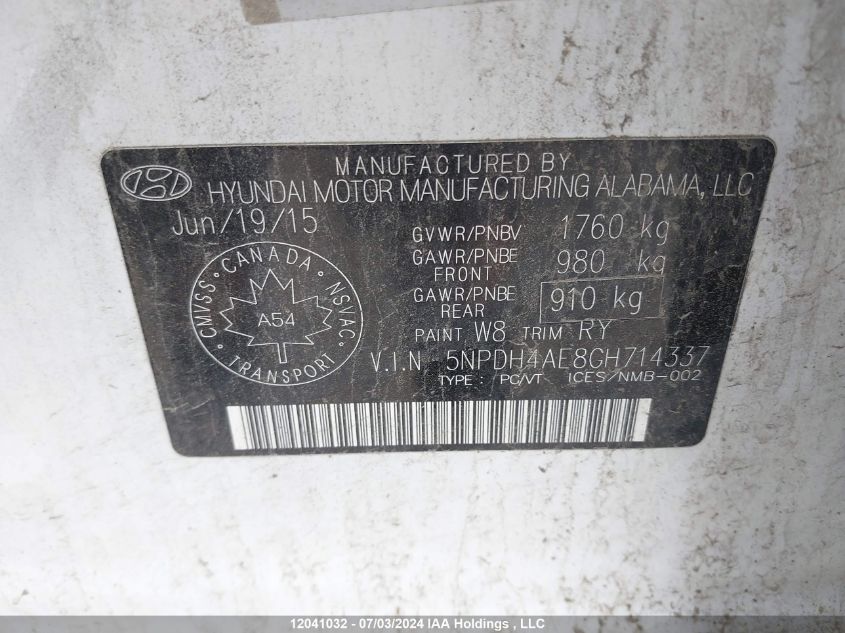 2016 Hyundai Elantra Gl VIN: 5NPDH4AE8GH714337 Lot: 12041032