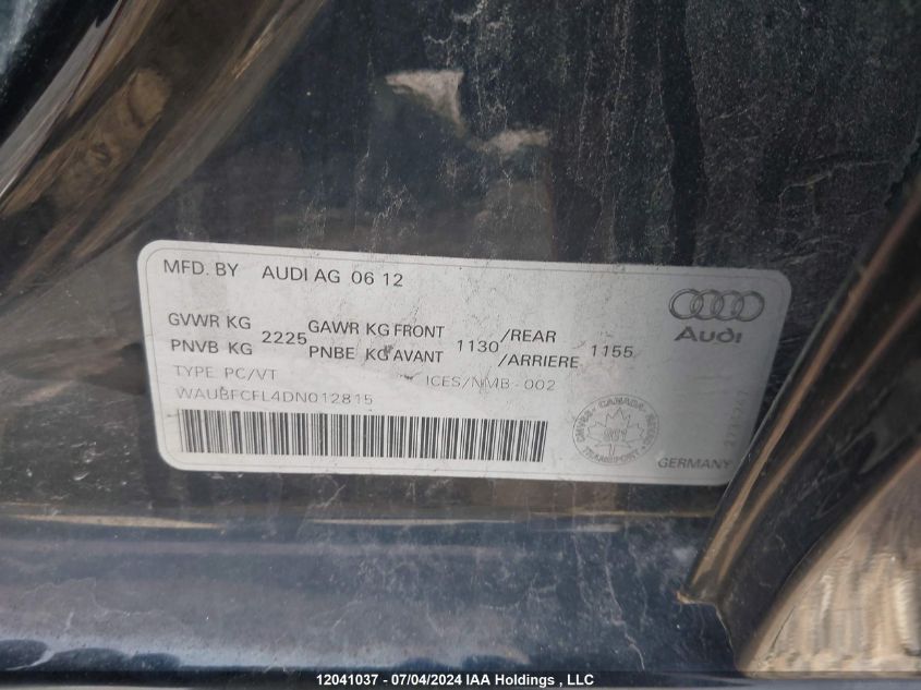 2013 Audi A4 VIN: WAUBFCFL4DN012815 Lot: 12041037