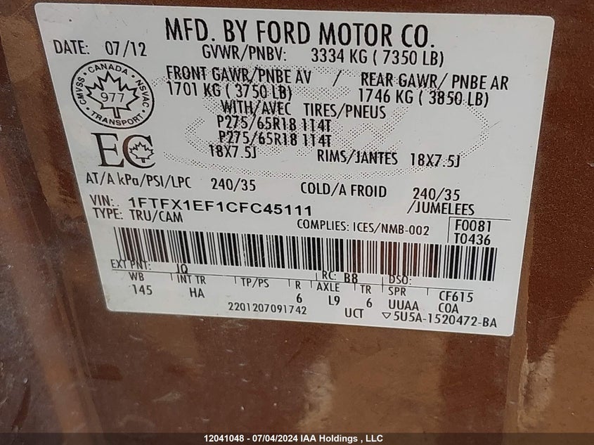 2012 Ford F150 Super Cab VIN: 1FTFX1EF1CFC45111 Lot: 12041048