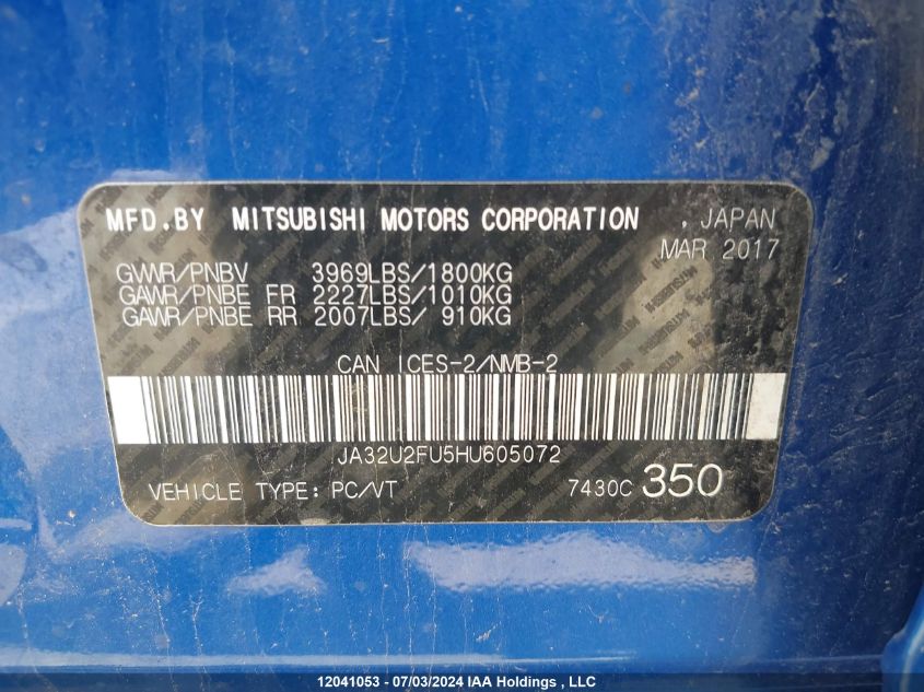 2017 Mitsubishi Lancer Es VIN: JA32U2FU5HU605072 Lot: 12041053