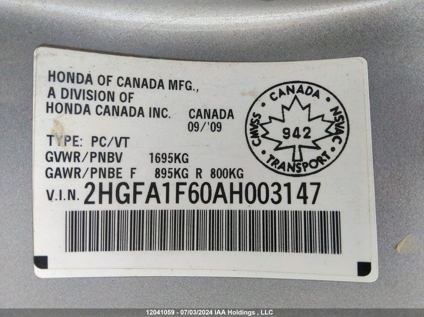 2010 Honda Civic Sdn VIN: 2HGFA1F60AH003147 Lot: 12041059
