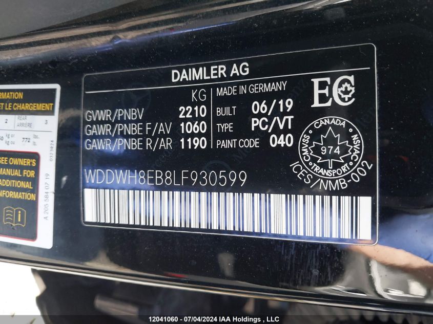 2020 Mercedes-Benz C-Class VIN: WDDWH8EB8LF930599 Lot: 12041060
