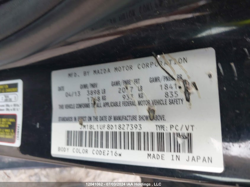 2013 Mazda 3 I VIN: JM1BL1UF8D1827393 Lot: 12041062