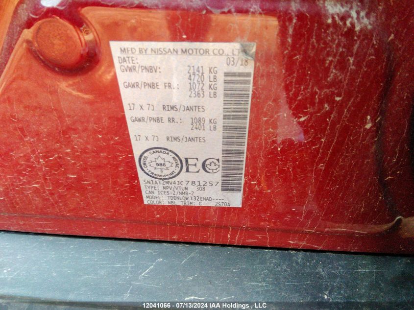 2018 Nissan Rogue Sv/Sl VIN: 5N1AT2MV4JC781257 Lot: 12041066