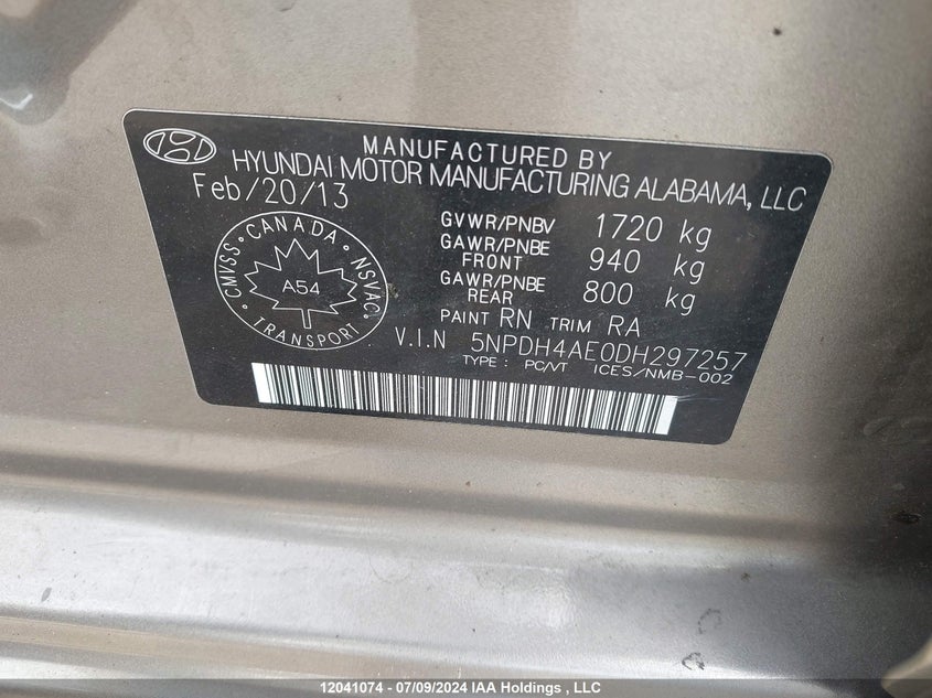 2013 Hyundai Elantra Gls/Limited VIN: 5NPDH4AE0DH297257 Lot: 12041074