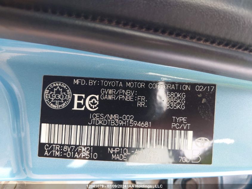 2017 Toyota Prius VIN: JTDKDTB39H1594681 Lot: 12041079