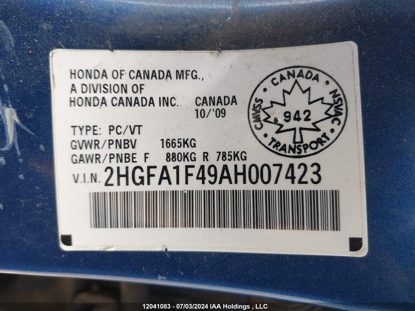 2010 Honda Civic Sdn VIN: 2HGFA1F49AH007423 Lot: 12041083