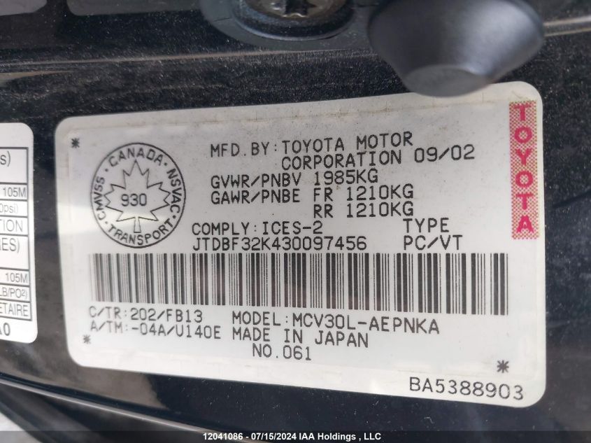 2003 Toyota Camry VIN: JTDBF32K430097456 Lot: 12041086