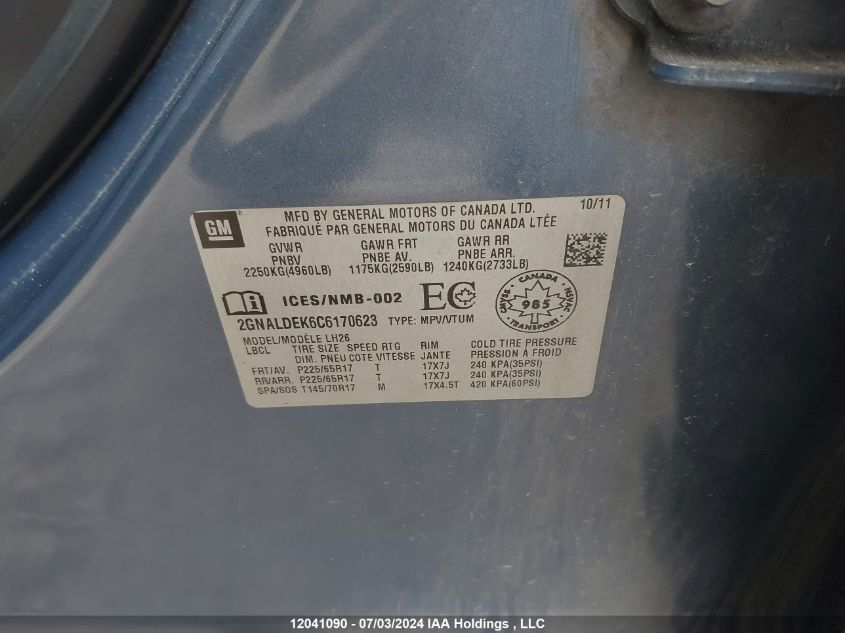 2012 Chevrolet Equinox VIN: 2GNALDEK6C6170623 Lot: 12041090