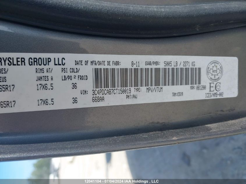 2012 Dodge Journey VIN: 3C4PDCAB7CT150019 Lot: 12041104