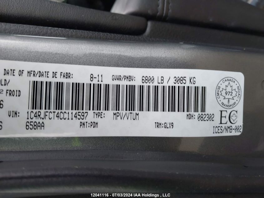 2012 Jeep Grand Cherokee Overland VIN: 1C4RJFCT4CC114597 Lot: 12041116