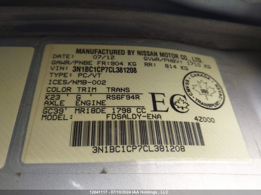 2012 Nissan Versa VIN: 3N1BC1CP7CL381208 Lot: 12041117