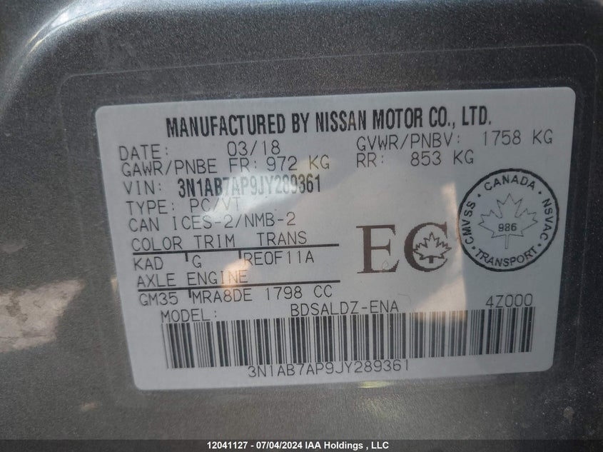 2018 Nissan Sentra S/Sv/Sr/Sl VIN: 3N1AB7AP9JY289361 Lot: 12041127