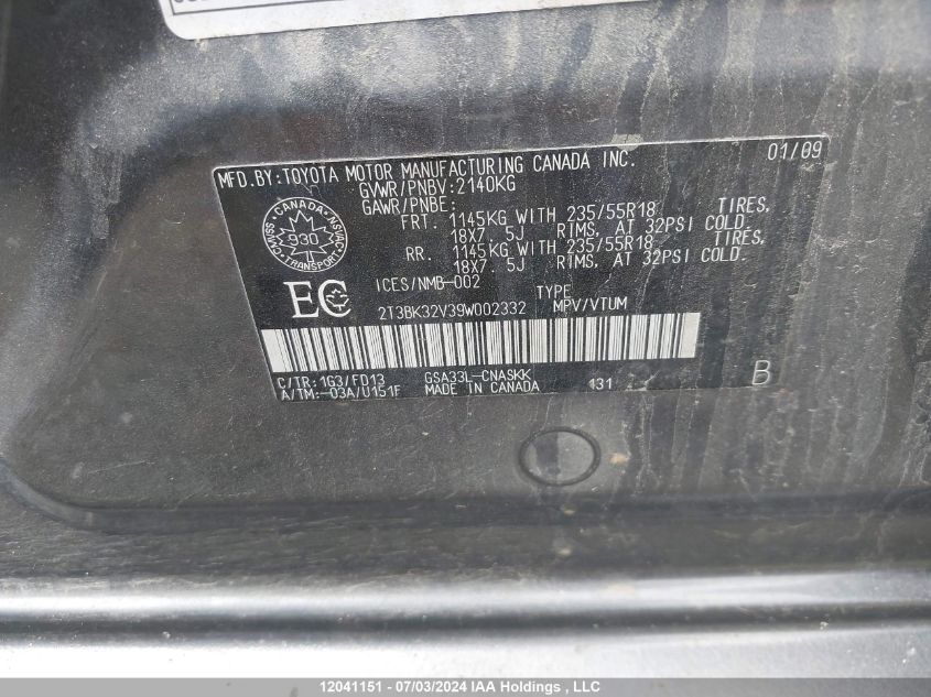 2009 Toyota Rav4 Sport V6 VIN: 2T3BK32V39W002332 Lot: 12041151