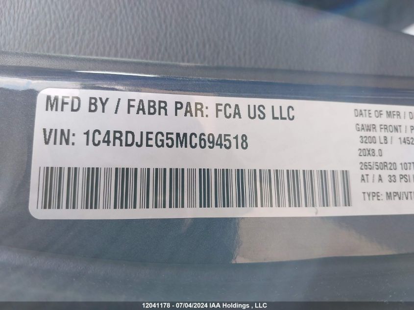 2021 Dodge Durango Citadel VIN: 1C4RDJEG5MC694518 Lot: 12041178