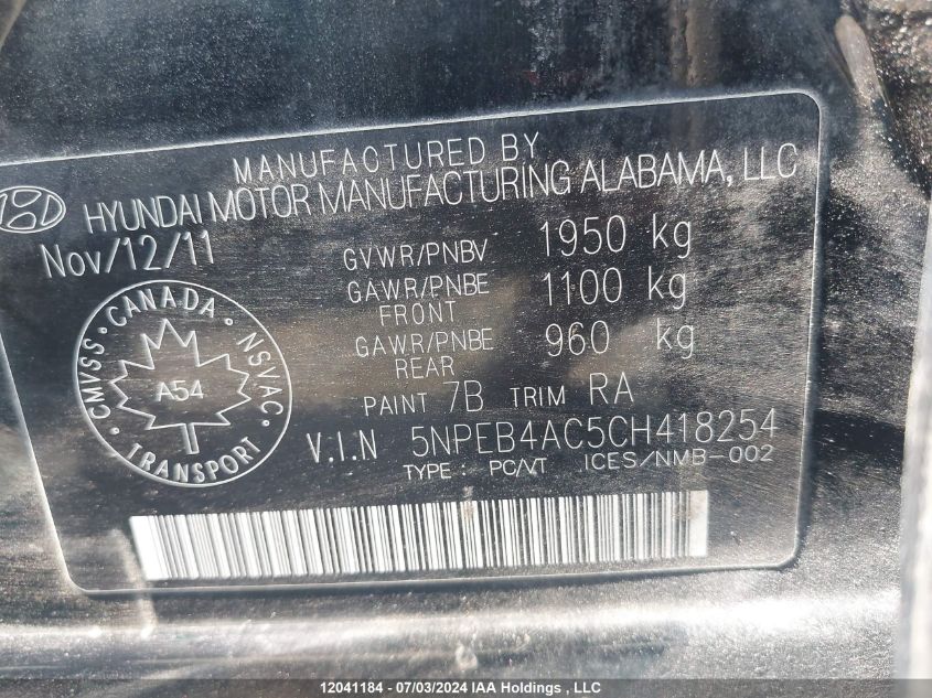 2012 Hyundai Sonata Gl VIN: 5NPEB4AC5CH418254 Lot: 12041184
