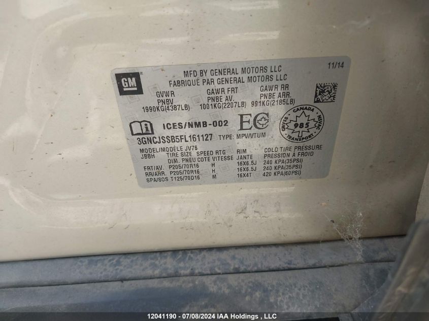 2015 Chevrolet Trax VIN: 3GNCJSSB5FL161127 Lot: 12041190