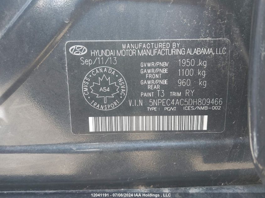 2013 Hyundai Sonata Se/Limited VIN: 5NPEC4AC5DH809466 Lot: 12041191