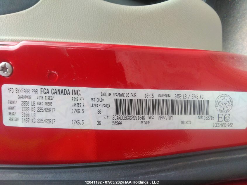 2016 Dodge Grand Caravan Se/Sxt VIN: 2C4RDGBGXGR201046 Lot: 12041192