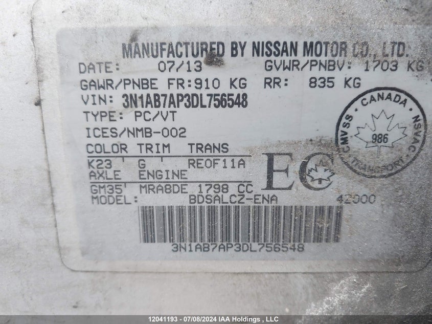 2013 Nissan Sentra S/Sv/Sr/Sl VIN: 3N1AB7AP3DL756548 Lot: 12041193