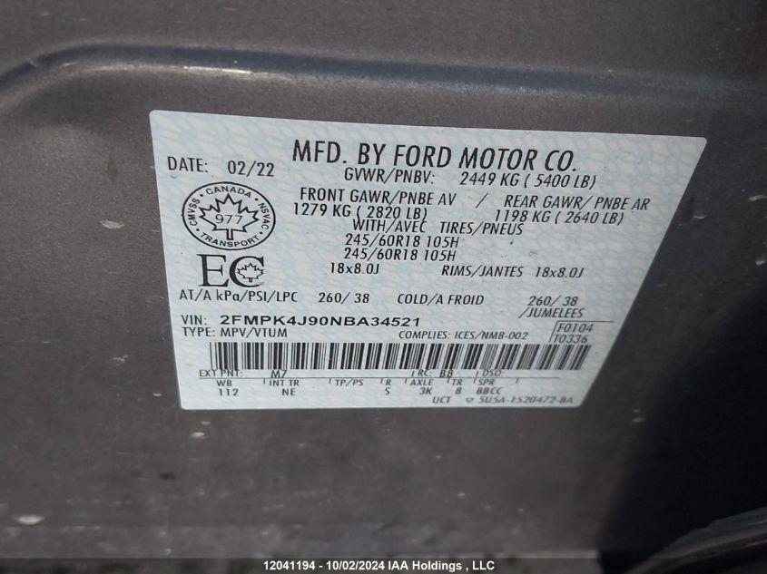 2FMPK4J90NBA34521 2022 Ford Edge