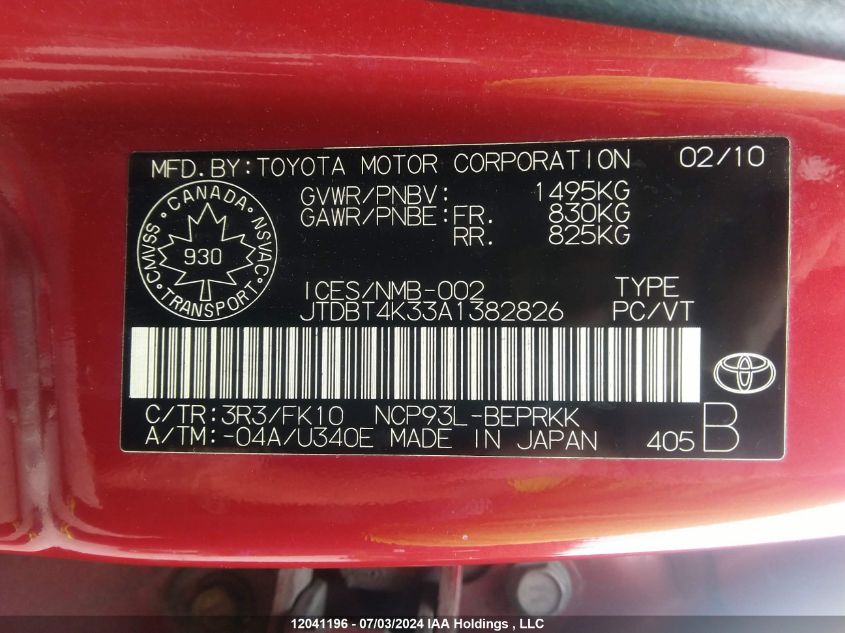 2010 Toyota Yaris VIN: JTDBT4K33A1382826 Lot: 12041196