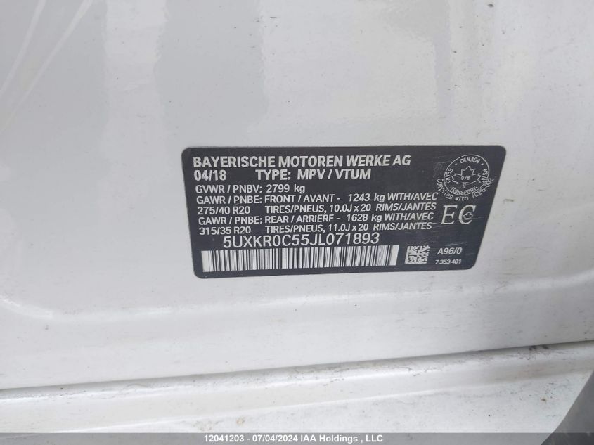 2018 BMW X5 VIN: 5UXKR0C55JL071893 Lot: 12041203