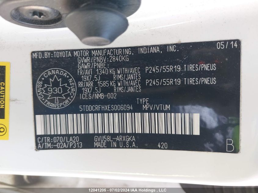 2014 Toyota Highlander Hybrid Limited/Ltd Platnm VIN: 5TDDCRFHXES006094 Lot: 12041205