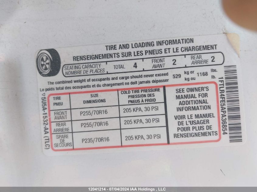 2010 Ford Ranger Sport/Xlt VIN: 1FTLR4FE5APA36854 Lot: 12041214