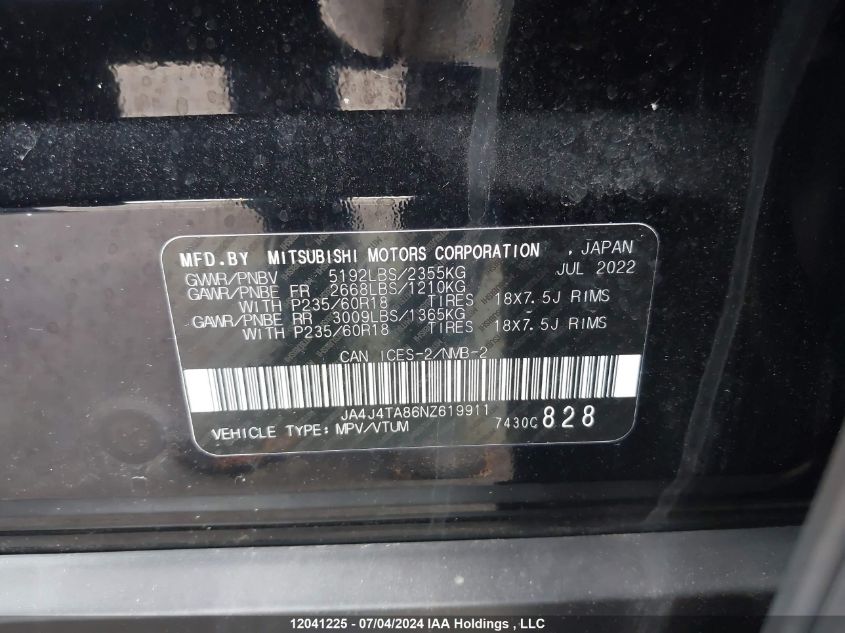 2022 Mitsubishi Outlander Es VIN: JA4J4TA86NZ619911 Lot: 12041225