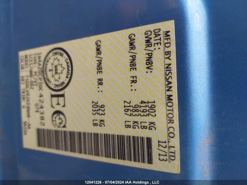 2013 Nissan Leaf S/Sv/Sl VIN: 1N4AZ0CP3DC424382 Lot: 12041226