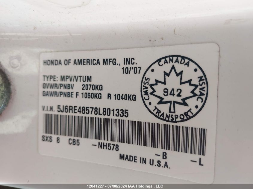 2008 Honda Cr-V VIN: 5J6RE48578L801335 Lot: 12041227