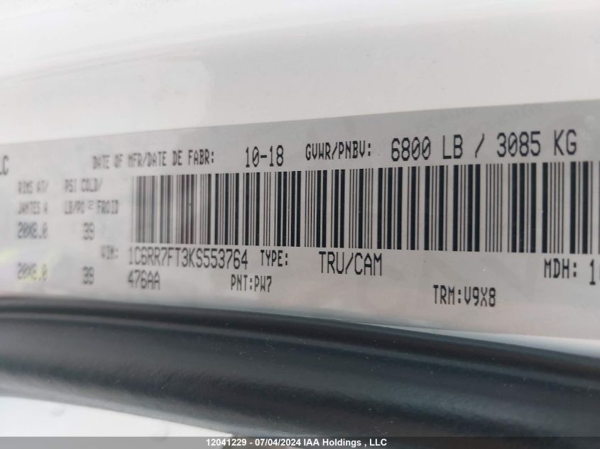 2019 Ram 1500 Classic Tradesman VIN: 1C6RR7FT3KS553764 Lot: 12041229