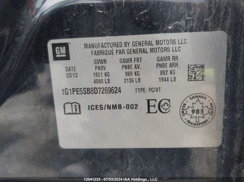 2013 Chevrolet Cruze Lt VIN: 1G1PE5SB8D7269624 Lot: 12041233
