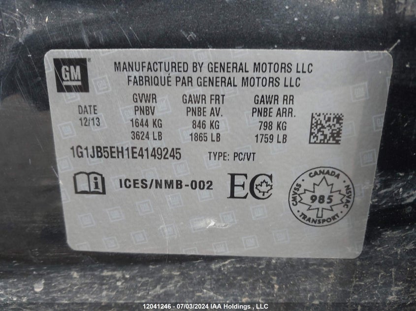 2014 Chevrolet Sonic VIN: 1G1JB5EH1E4149245 Lot: 12041246