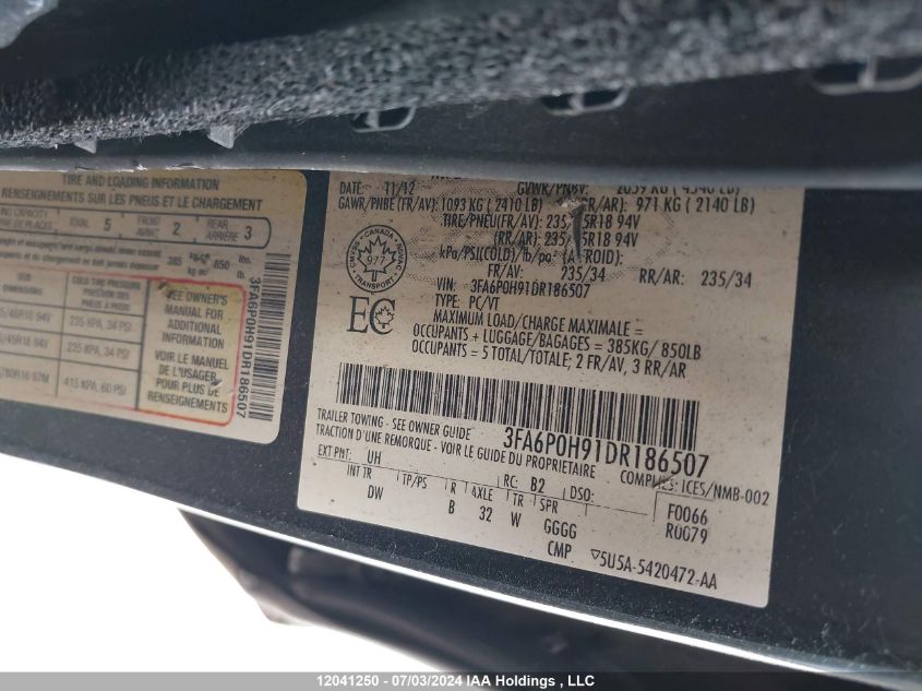 2013 Ford Fusion Se VIN: 3FA6P0H91DR186507 Lot: 12041250