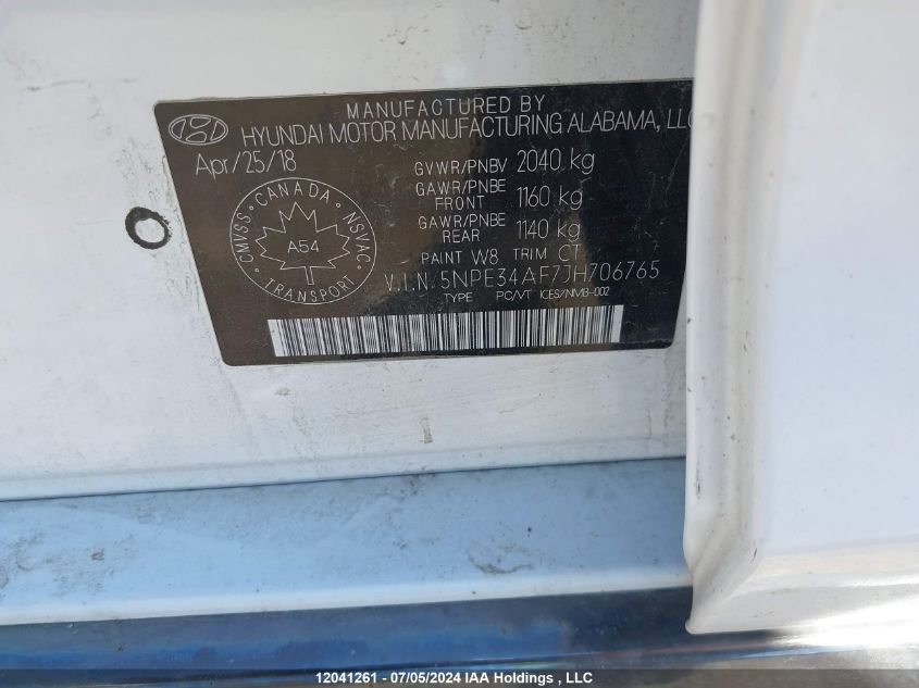 2018 Hyundai Sonata Sport/Limited/Sel VIN: 5NPE34AF7JH706765 Lot: 12041261