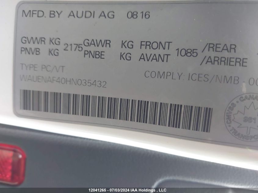 2017 Audi A4 Premium Plus VIN: WAUENAF40HN035432 Lot: 12041265