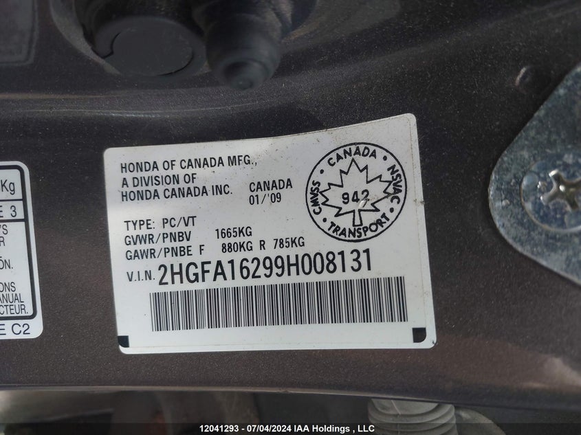 2009 Honda Civic Sdn VIN: 2HGFA16299H008131 Lot: 12041293