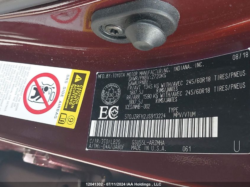 2018 Toyota Highlander Se/Xle VIN: 5TDJZRFH2JS913224 Lot: 12041302