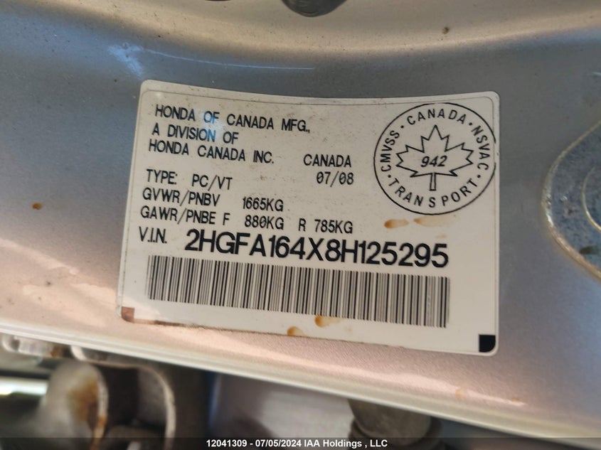 2008 Honda Civic Sdn VIN: 2HGFA164X8H125295 Lot: 12041309