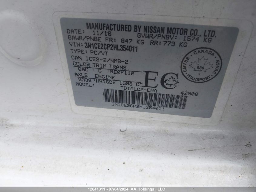 2017 Nissan Versa Note VIN: 3N1CE2CP2HL354011 Lot: 12041311