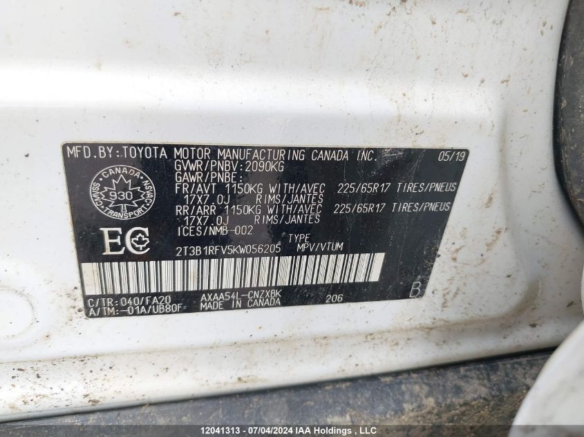 2019 Toyota Rav4 Le VIN: 2T3B1RFV5KW056205 Lot: 12041313