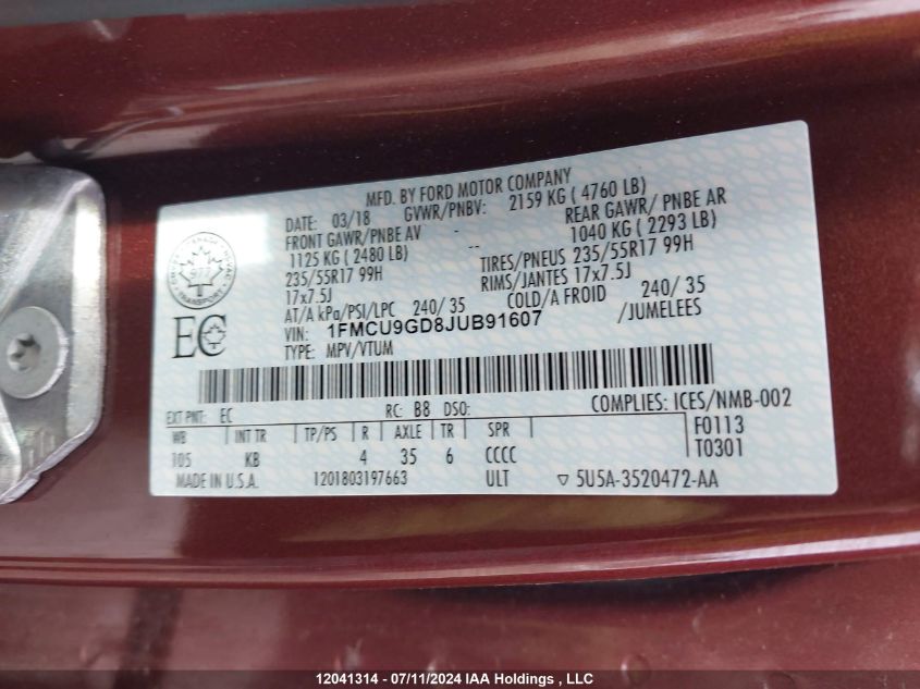 2018 Ford Escape Se VIN: 1FMCU9GD8JUB91607 Lot: 12041314